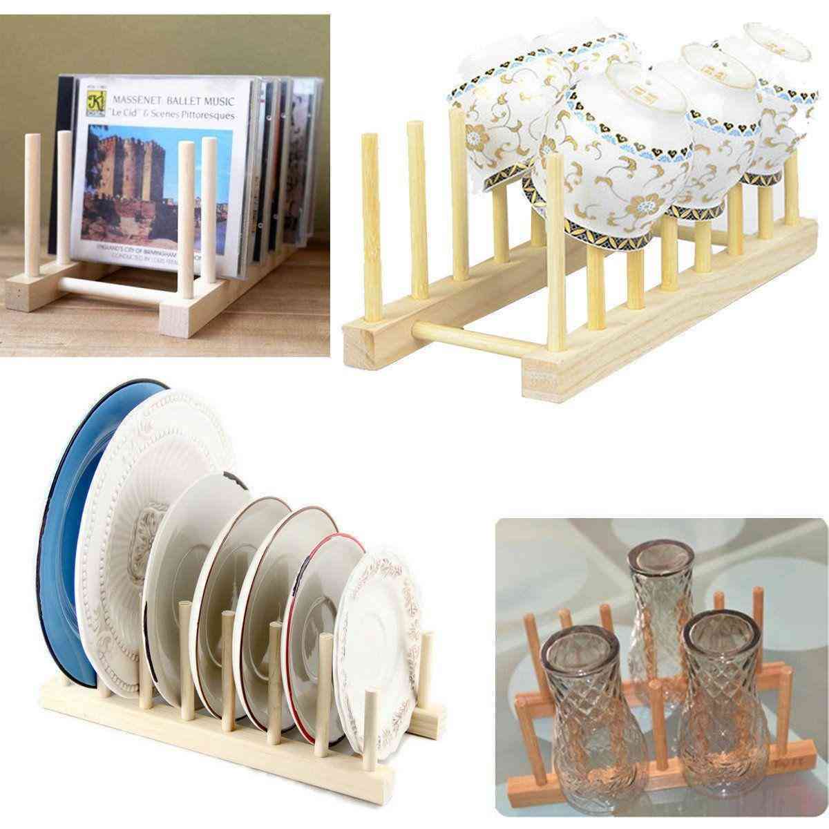 Wooden Dish Plate Storage Holders Folding Racks Drying Shelf