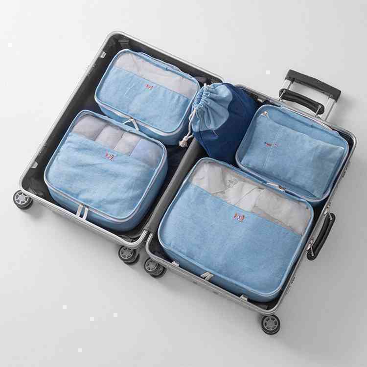 6/8Pcs Travel Organizer Art Style Travel Denim Suitcase Finishing Kit Travel Shopping Bag