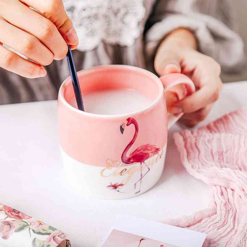 Ceramic Creative Color Block Nordic Style Flamingo Pattern Water Milk Cup