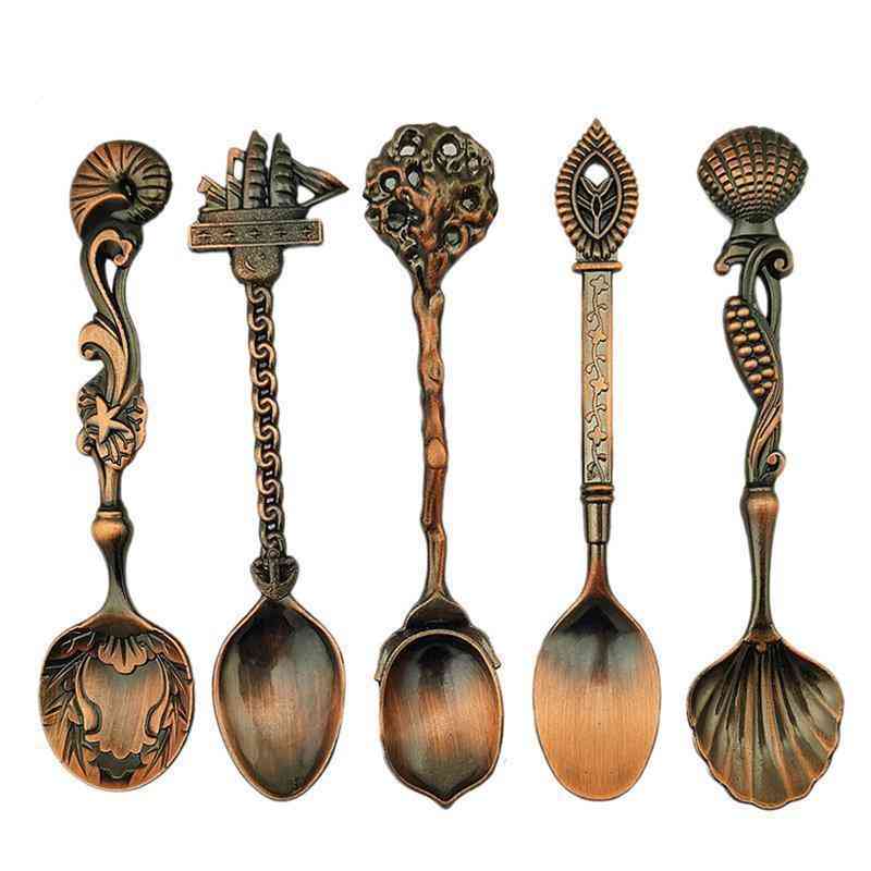 KC-RS11 5 Pcs/Set Mini Bronze Vintage Royal Style Coffee Spoon Ice Cream Dessert Sugar Scoop