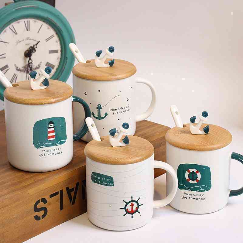 Cartoon Sailing Pattern Mediterranean Style Ceramic Cup Coffee Mug with Cover Lid and Spoon