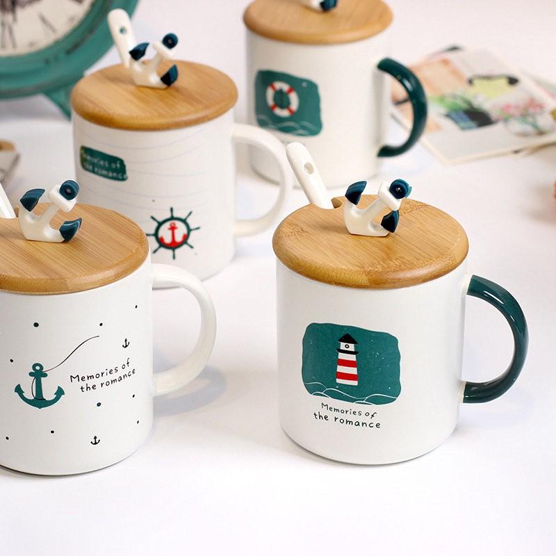 Cartoon Sailing Pattern Mediterranean Style Ceramic Cup Coffee Mug with Cover Lid and Spoon