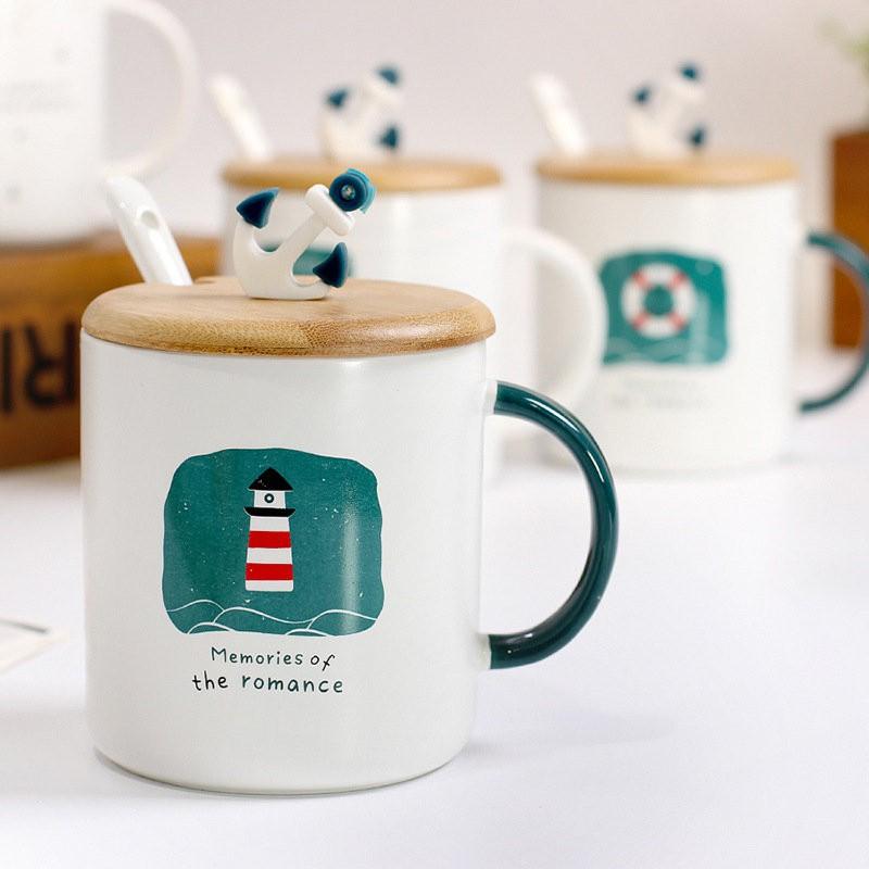 Cartoon Sailing Pattern Mediterranean Style Ceramic Cup Coffee Mug with Cover Lid and Spoon