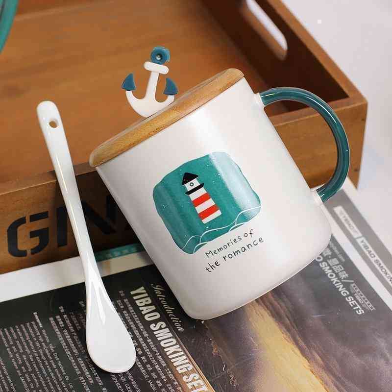 Cartoon Sailing Pattern Mediterranean Style Ceramic Cup Coffee Mug with Cover Lid and Spoon