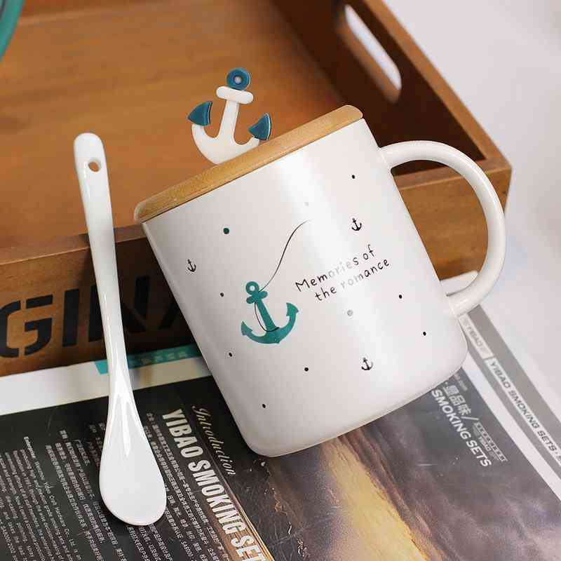 Cartoon Sailing Pattern Mediterranean Style Ceramic Cup Coffee Mug with Cover Lid and Spoon