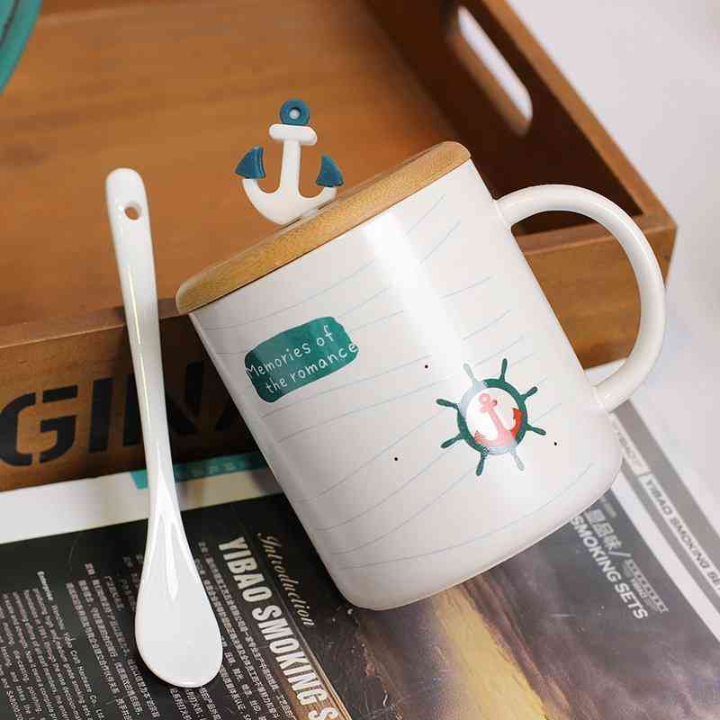 Cartoon Sailing Pattern Mediterranean Style Ceramic Cup Coffee Mug with Cover Lid and Spoon