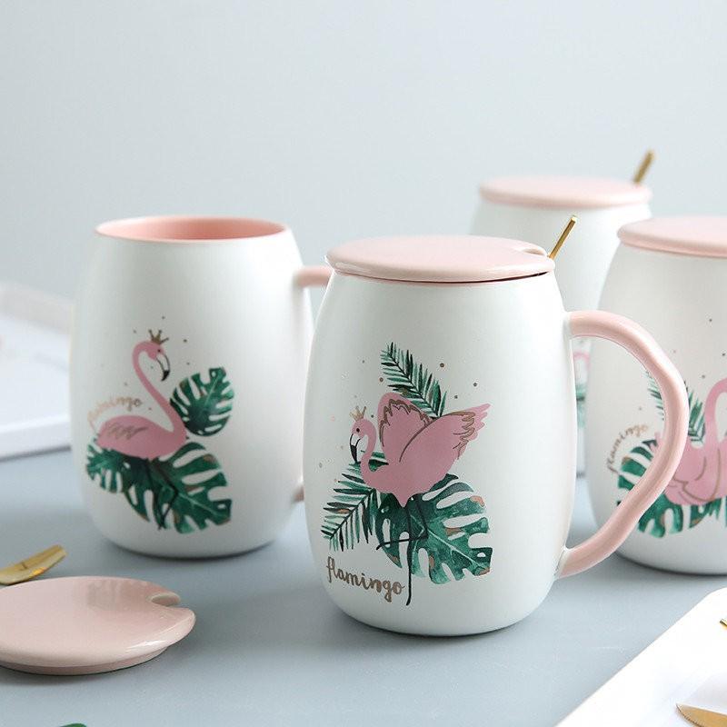 Flamingo Pattern Ceramic Mug Coffee Mug Water Cup with Lid